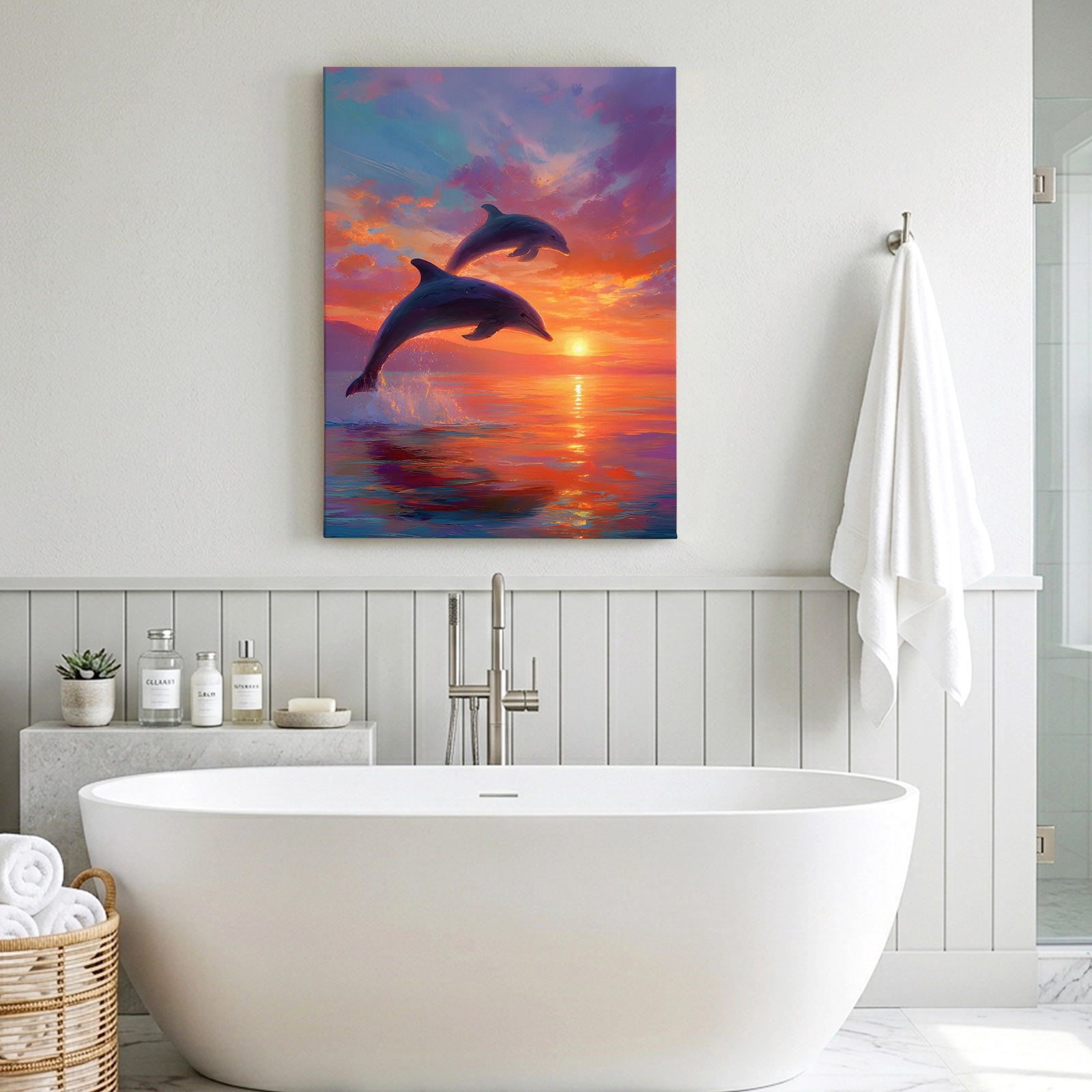 Sunset Dolphin Canvas Wall Art for Living Room, Dreamy Sunset Jumping Dolphins Wall Decor Framed Artwork Pictures Ready to Hang for Bedroom Office Home Decor
