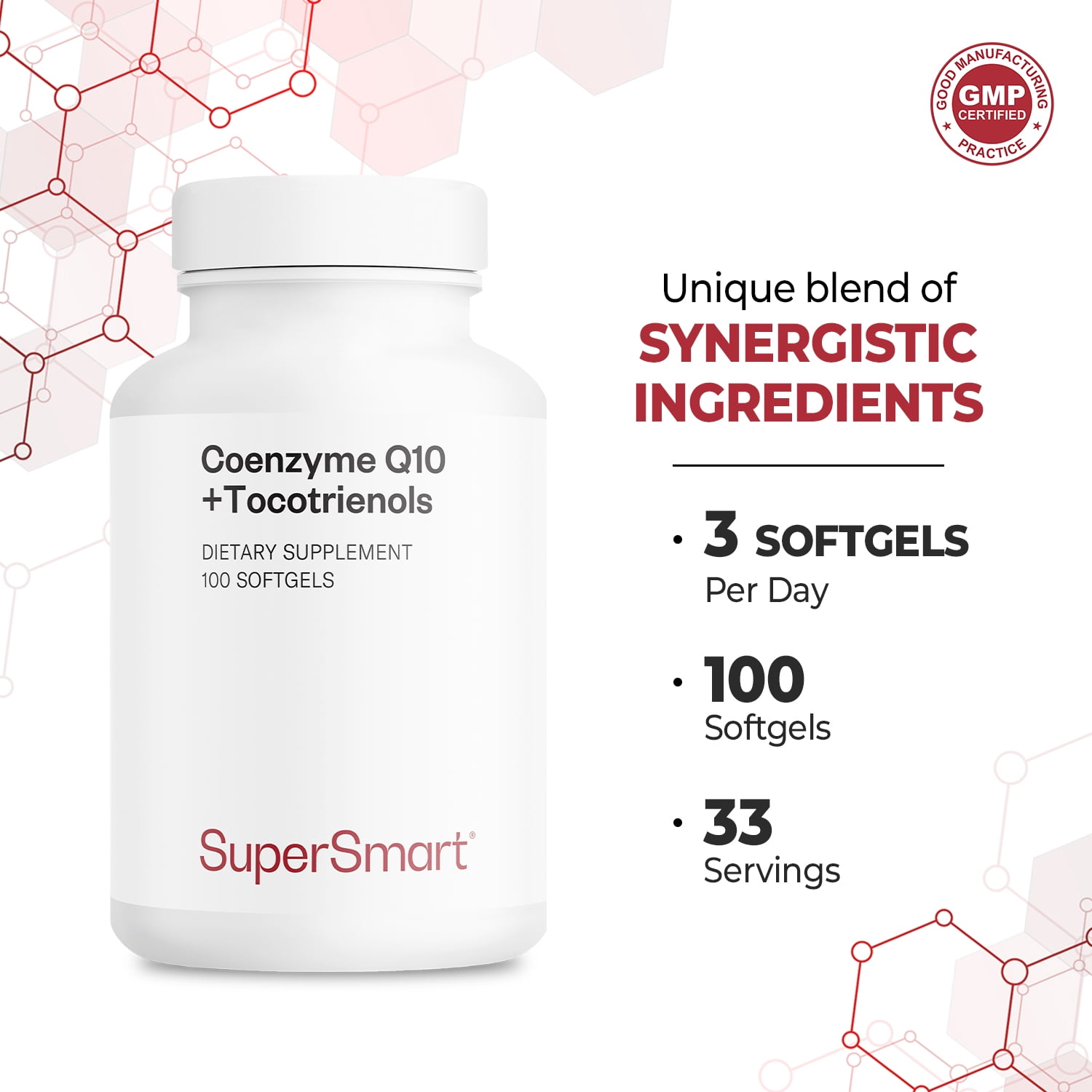 SuperSmart - CoQ10 + Tocotrienols 300 mg per Day (Co Enzyme Q10 + Vitamin E) | Non-GMO & Gluten Free - 100 Softgels