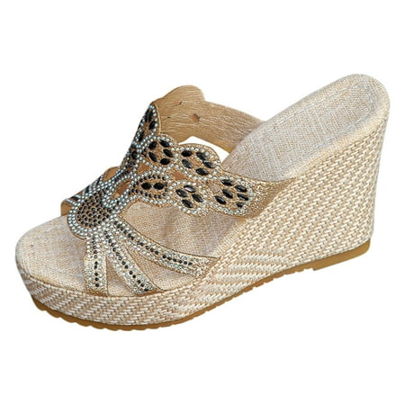 

MIASHUI Womens Sandals Shoes Rhinestone Bright Leather Thick Bottom Large Size Slope Heel Sandals Slippers Casual Summer Shoes Black 9