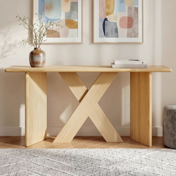 Euroco 60" Long Console Table, Wooden Farmhouse Sofa Table Behind Couch with X‑Shaped Legs,Natural Wood Finish Entryway Table for Living Room