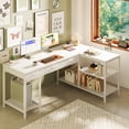 thumbnail image 2 of Amadwell 55 Inch L Shaped Office Desk with 3 Fabric Drawers, Reversible Computer Gaming Desk, Power Outlets and Mesh Shelves, Corner working Study Desk, White, 2 of 9