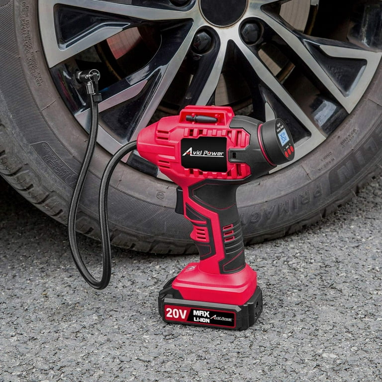 Tire Inflator Air Compressor, 20V Cordless Car Tire Pump with Rechargeable  Li-ion Battery, 12V Car Power Adapter, Digital Pressure Gauge, Avid Power 