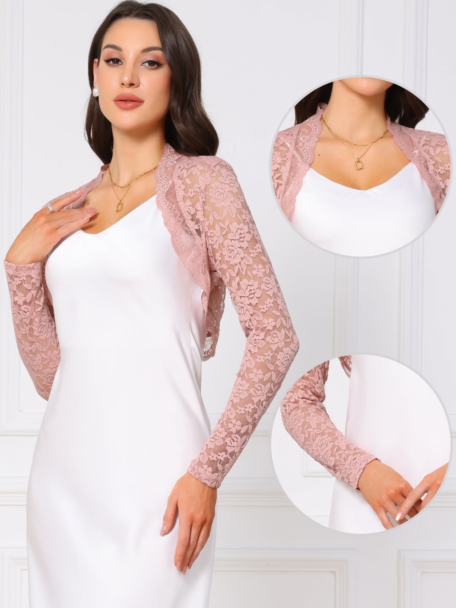 DARING DIVA Women's Floral Bolero Shrug Long Sleeve Sheer Cropped Lace Cardigan M Pink