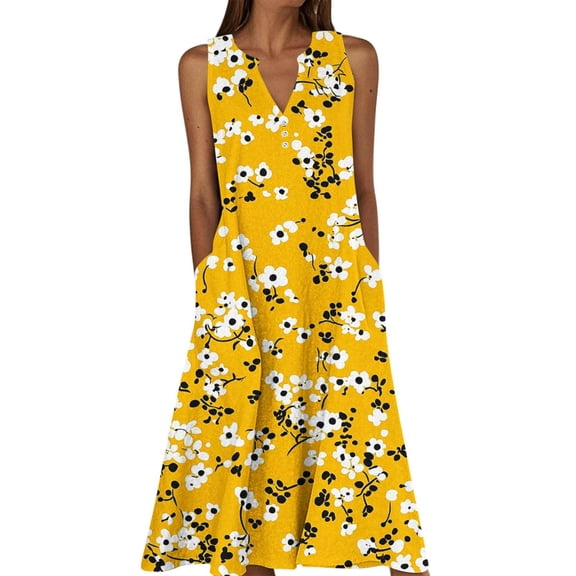 Makaor Dresses for Women Floral Print A Line Midi Dresses Plus Size Sleeveless Dress V Neck Casual Dress Yellow 5XL