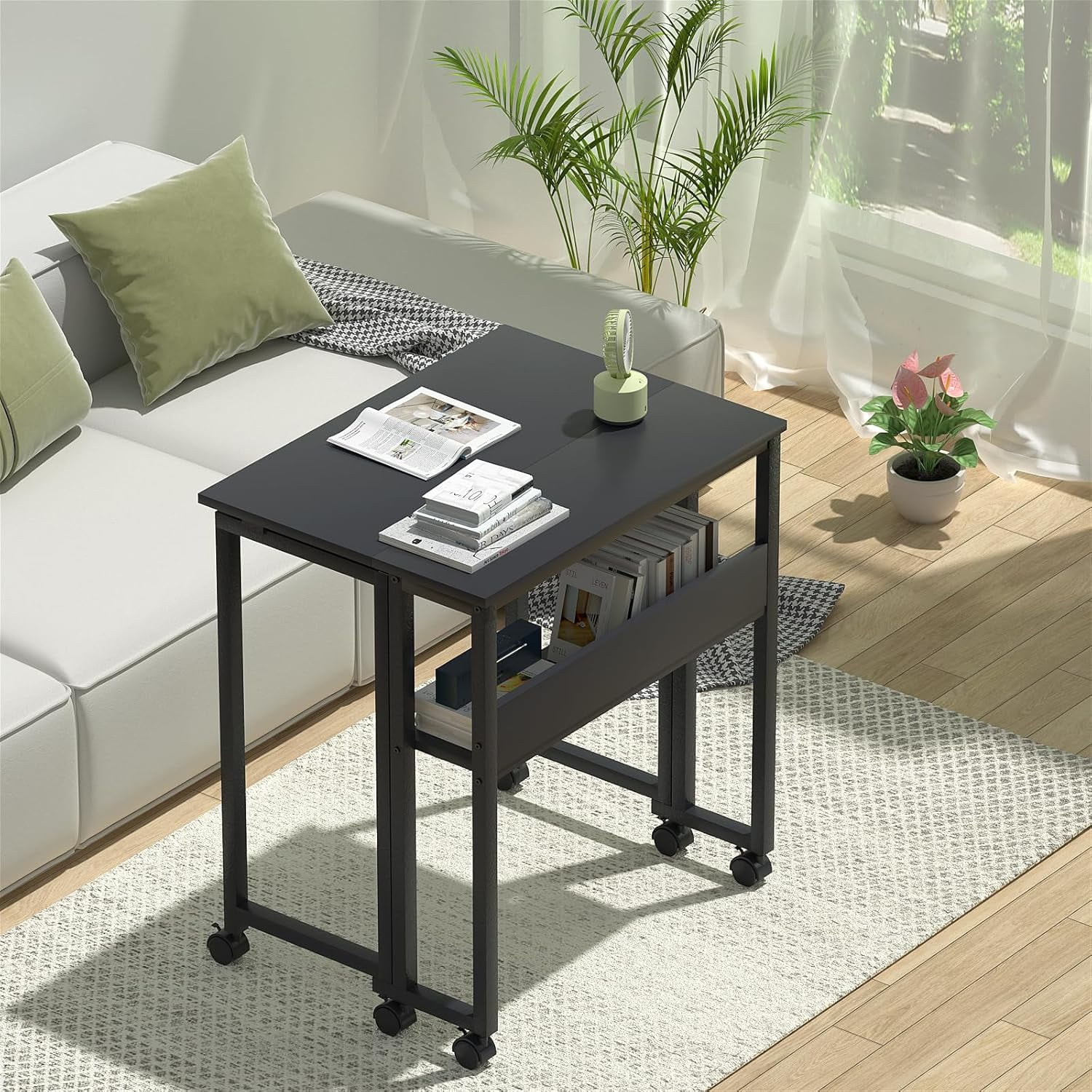 Folding Desk Small Rolling Desk with Storage Shelf,24.8 inch Foldable Computer Desk with Wheels for Small Space,Easy Assembly,Black