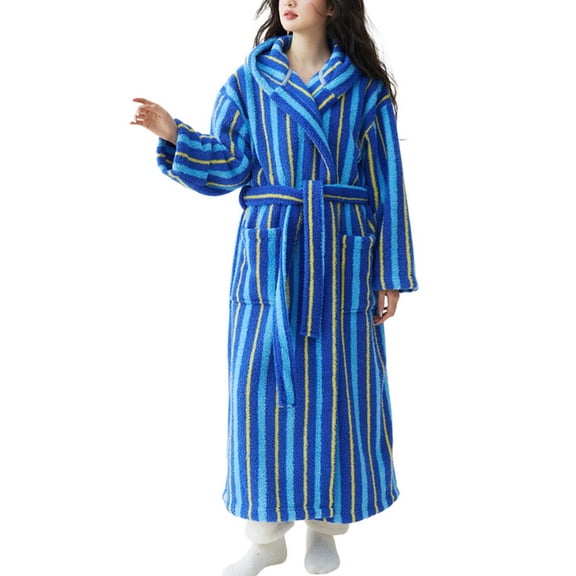 SWSMCLT Women's Long Sleeve Fleece Bathrobe Long Pjs Soft Winter V Neck Comfy Thick Hooded House Oversized Bathrobe Blue Medium