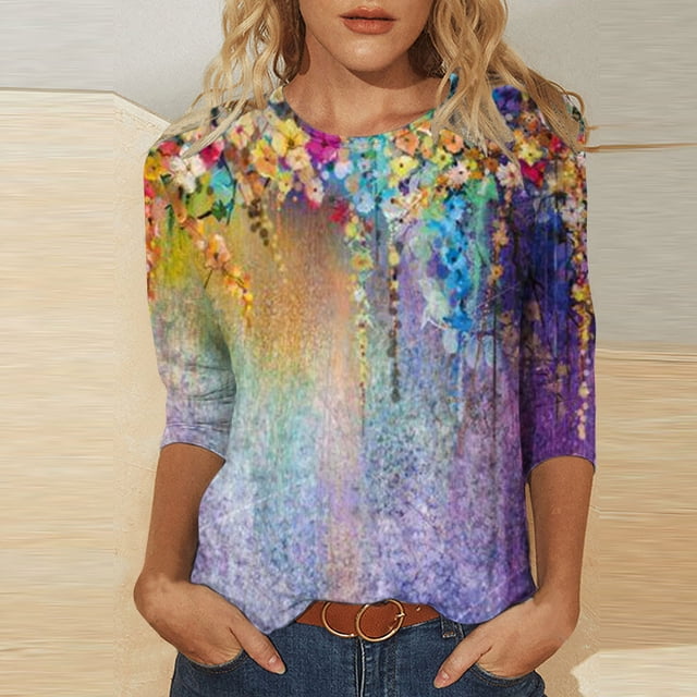Hauts et Blouses d'Été pour Femmes 2023 Mode Féminine T-shirt Imprimé Ample Manches 3/4 Blouse Col Rond Hauts Décontractés Hauts d'Été pour Femmes 2023 Liquidation en Liquidation