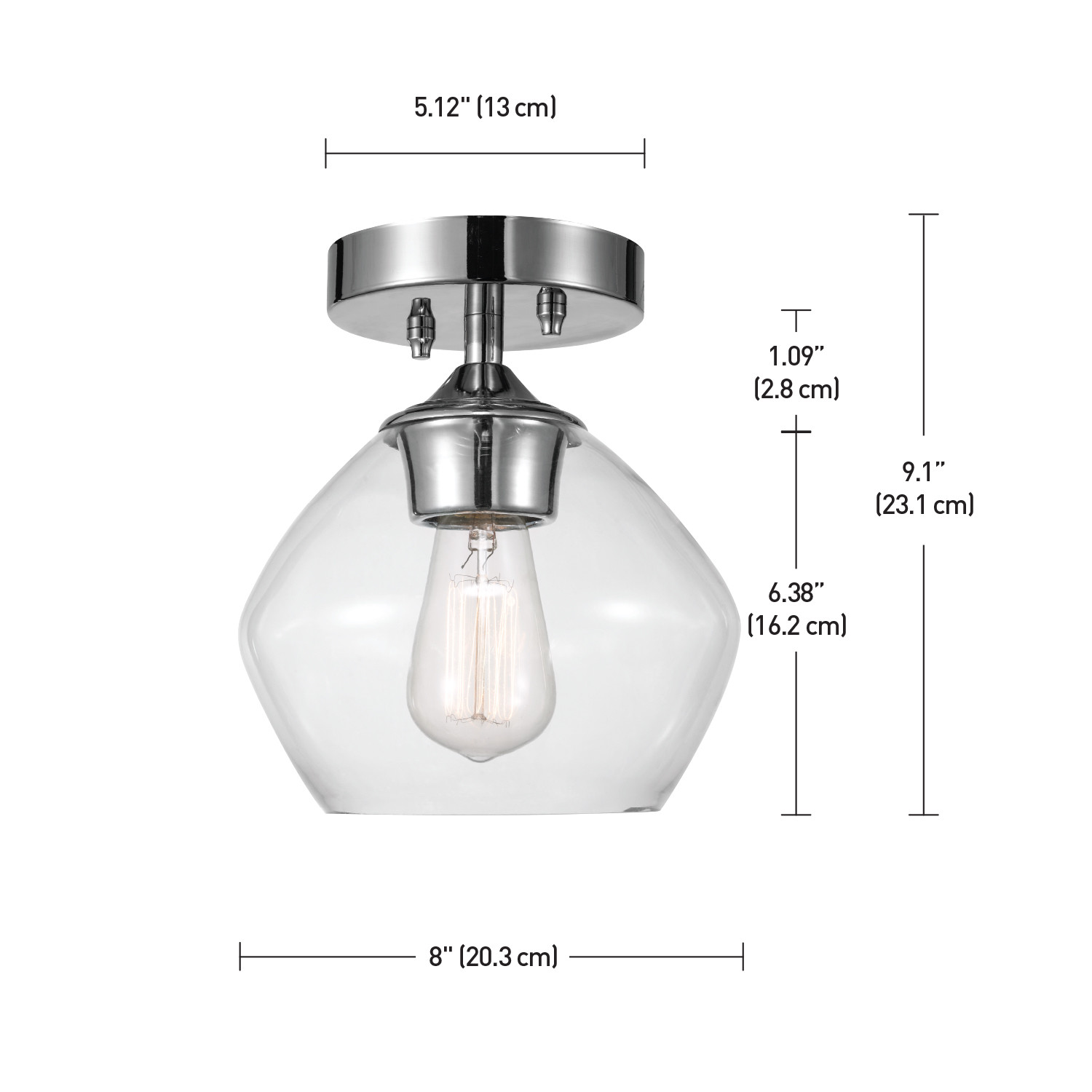 Globe Electric 1-Light Chrome Indoor Semi-Flush Mount Ceiling Light with Glass Shade