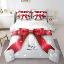 jejeloiu Happy New Year Bedding Comforter Set 7-Piece,Red Bow Bowtie King Bedding Sets,Rmerry Christmas Bed Sheets For Men Women,Ultra Soft Home Decor Reversible
