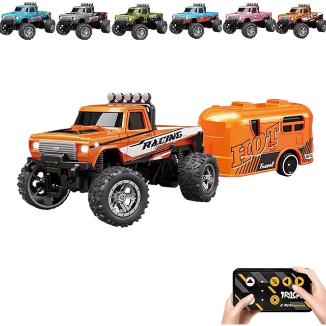 RipRush Mini Monster 1:64 Off-Road LED Alloy Racer, 2.4GHz Off-Road Remote Control Car, New Rechargeable Alloy Shell Mini RC Cars with Lights and Trailer
