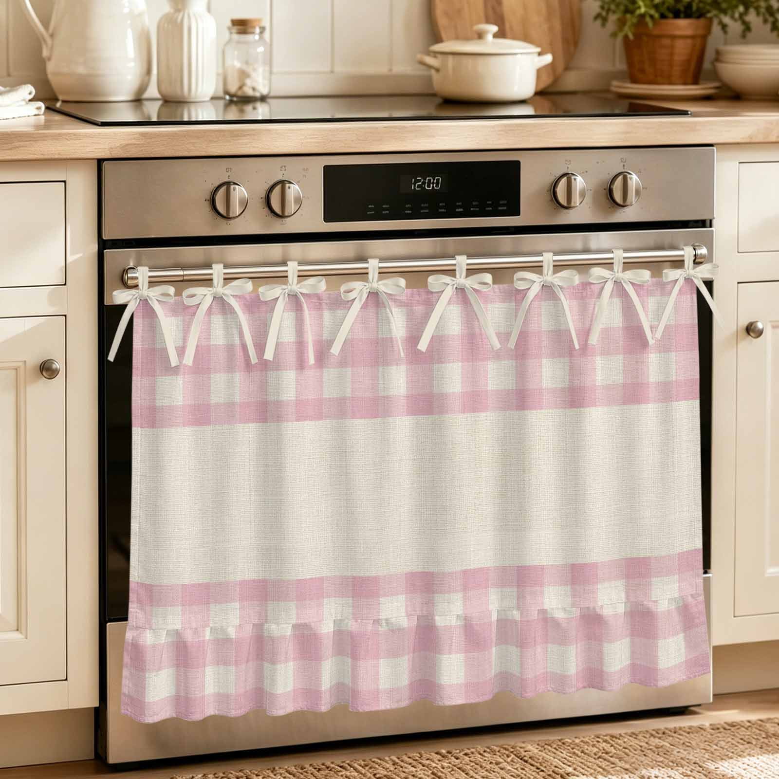 Oven Curtain for Kitchen Retro Linen Pink Buffalo Plaid Stove Curtain With Ruffled Trim Dishwasher Curtains Minimalist Checkered Oven Skirt 27 x20