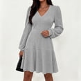 thumbnail image 4 of Karymi Plus Size Dresses Brushed Ribbed Knit Mini Dress Deep V Neck Lantern Long Sleeve High Waist Flared Ruffle Hem Casual Fall Short Dress, 4 of 8