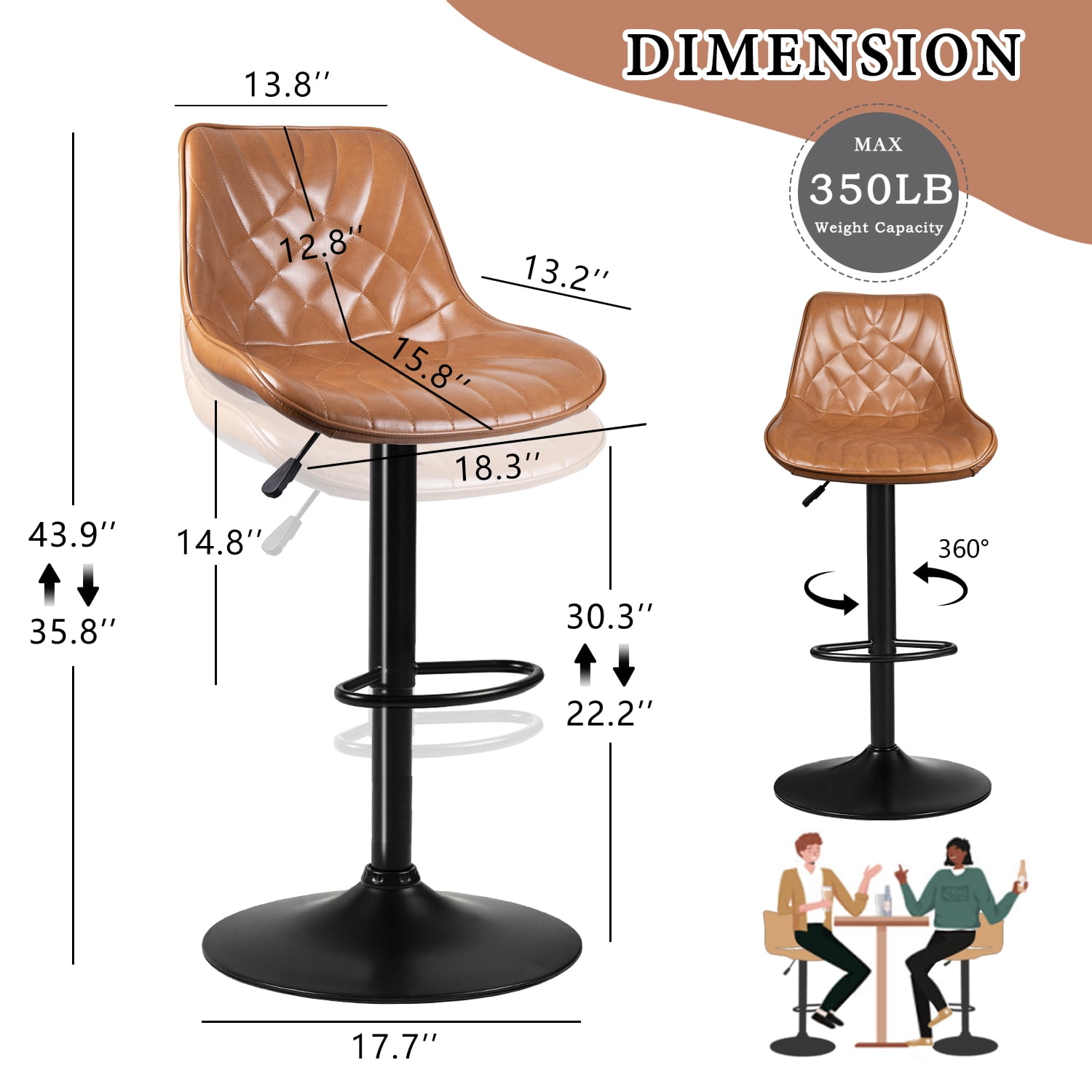 Waleaf Modern Bar Stools Set of 4, PU Leather Height Adjustable Swivel Barstools with Back