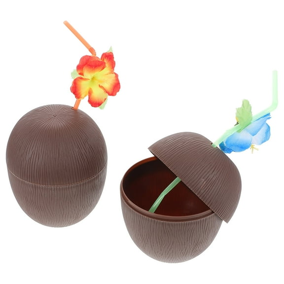 Coconuts Cups with Straw Made of Plastic for Party Decorative Use Brown Color 2 Pcs