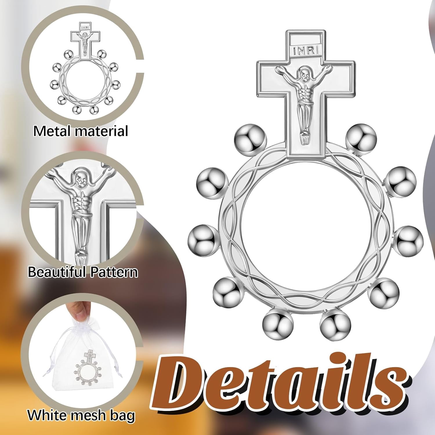 Religious Finger Rosary Rings Bulk for First Communion Favors Small Pocket Cross Prayer Catholic Rings with Organza Bags for Guests Baptism Favors Easter Christening Church