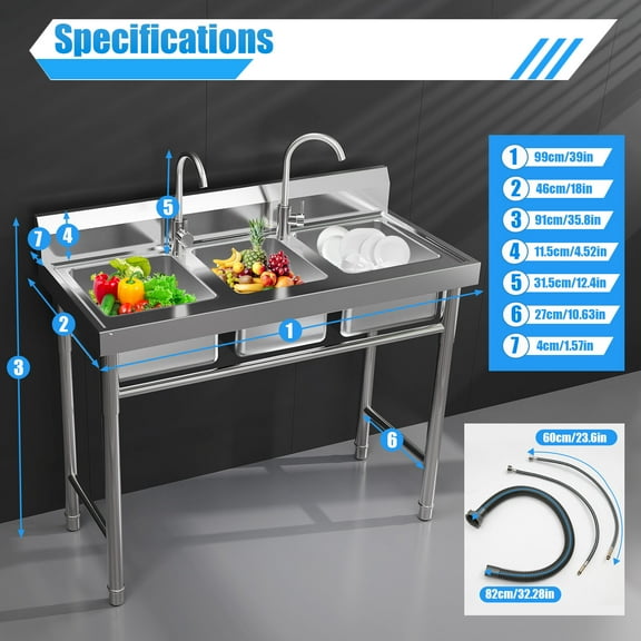 3-Compartment Sink Bowl Kitchen Stainless Steel Catering Prep Table Washing Sink