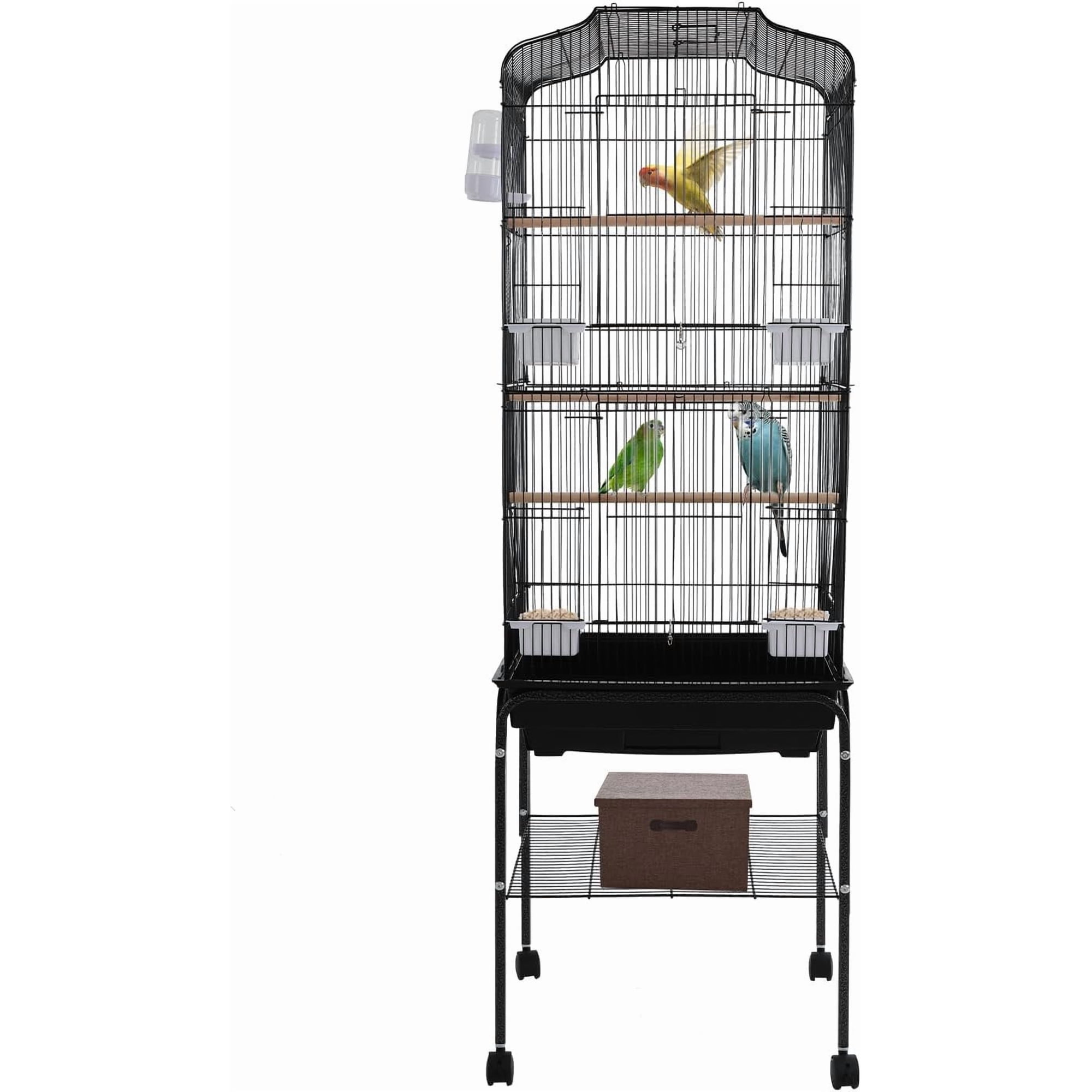 54 Inch Bird Cage with 4 Feeding Bowls and Waterer Iron Cage with Slide Out Tray and Wheels Standing Birdcage for Cockatiels Parrots Lovebirds Finches Canaries (Black)