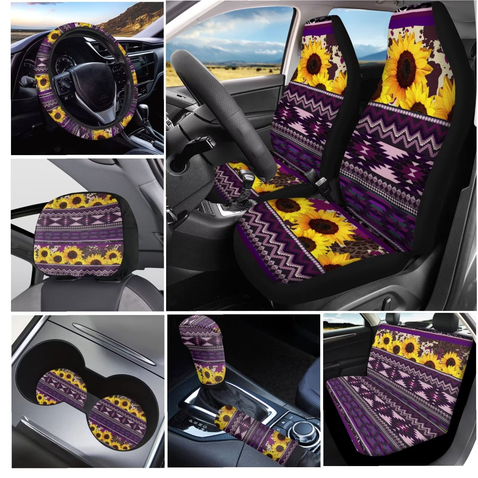 Garronmavis Purple Aztec Sunflower Universal Car Seat Covers Full Set for Steering Wheel Wrap Gear Shift Cover Handbrake Sleeve Headrest Protectors Cup Coasters Super Breathable Car Seat Cushion