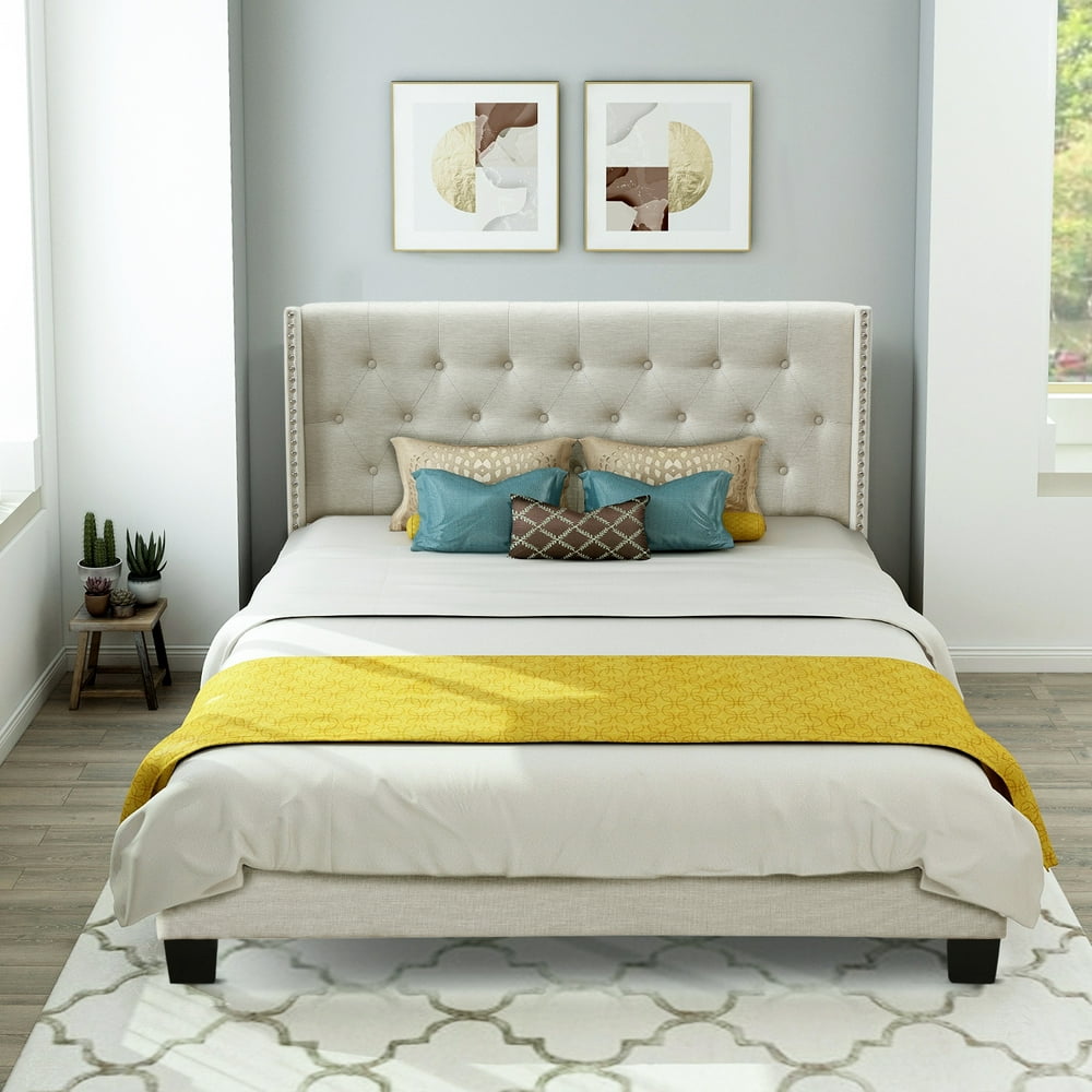 Queen Bed Frame, Modern Upholstered Platform Queen Bed Frame with