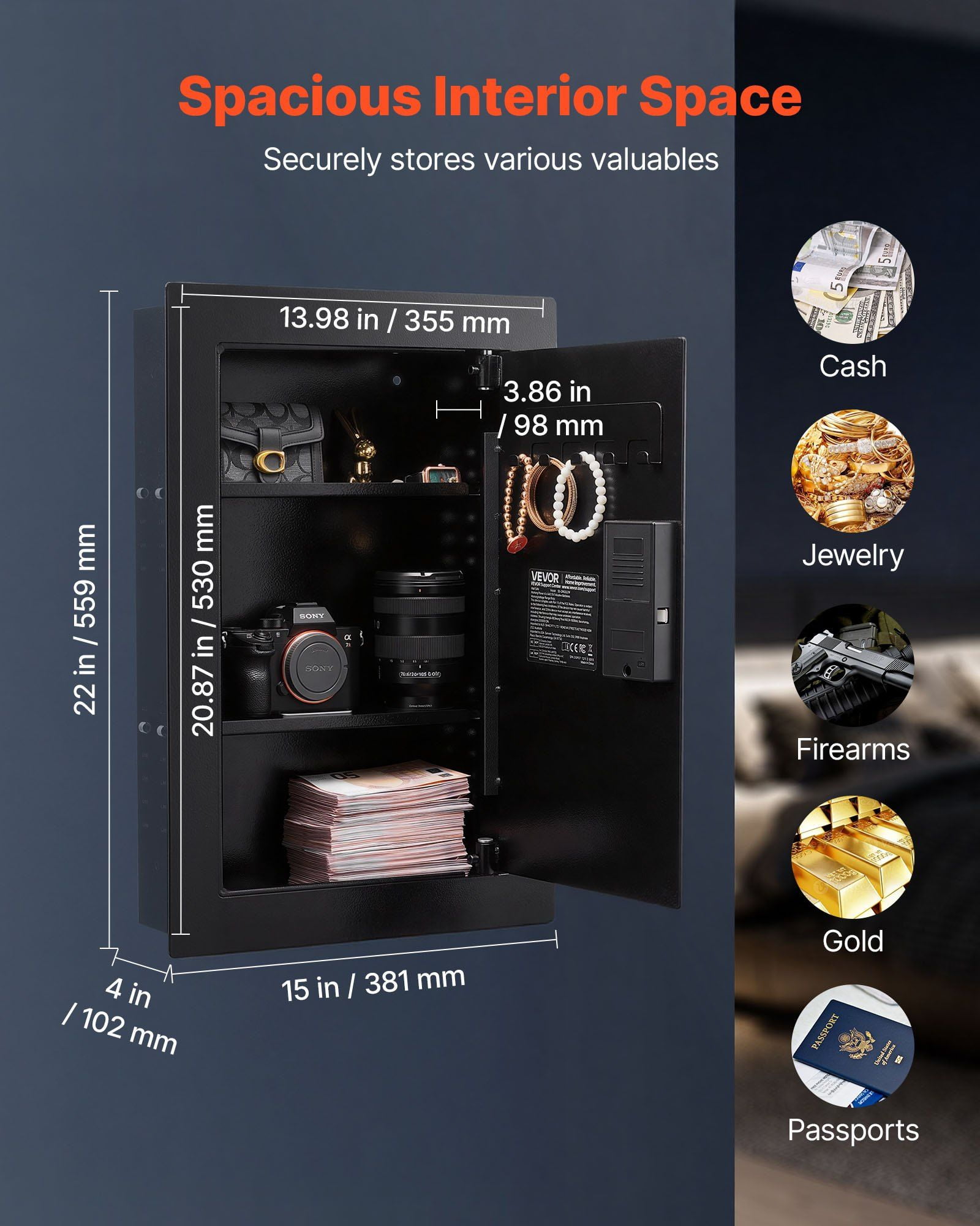 3 Tier Hidden Wall Safe with Fingerprint Password Key Turning Knob Q235 Cold Rolled Steel In Wall Box Adjustable Shelves Key Holders for Money Jewelry Passport Document