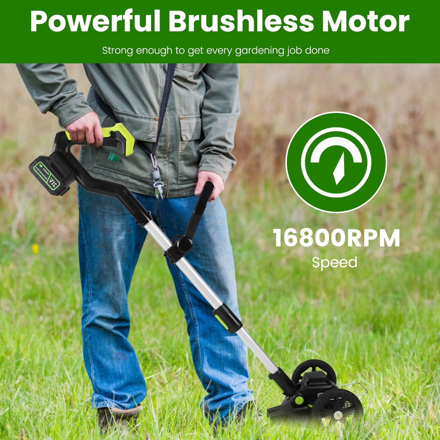Electric Cordless String Trimmer Weed Eater 21V 16800RPM Brushless Motor 55In 2 Batteries 3000mAh 80Mins Run Time 3 Blades 90 Deg Rotate Head Garden Yard Lawn Edger with Wheels Goggles Gloves