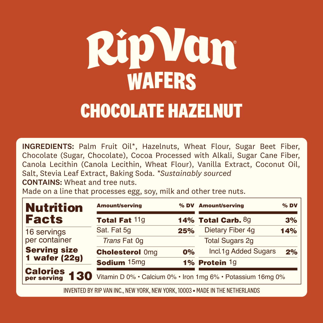Rip Van Chocolate Hazelnut Wafer Cookies, Non-GMO, 2g Sugar, 16 Count