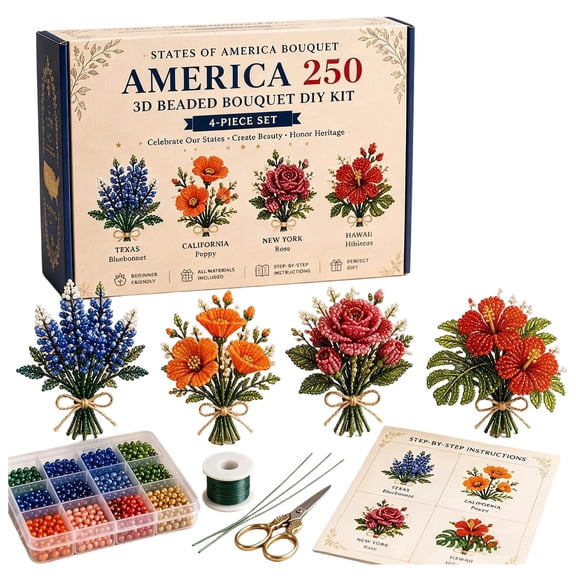 4 Piece 3D Beaded Bouquet DIY Craft Kit American Patriotic Flower Beading Set for Independence Day Home Decor with Step By Step Instructions