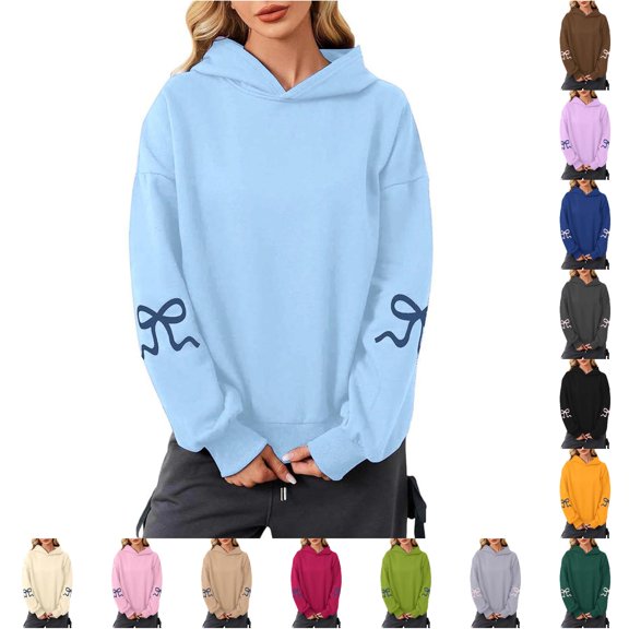 NinXxx Women's Bow Hoodie Long Sleeve Off Shoulder Pullover Sportswear Light Blue L