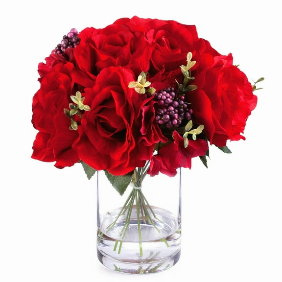 Enova Home Artificial Mixed Rose and Hydrangea Silk Flowers Arrangement in Clear Glass Vase with Faux Water (Red)