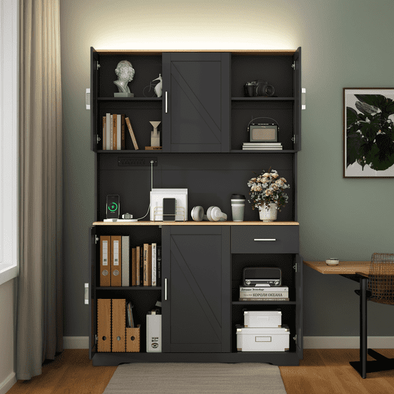 Modern Kitchen Pantry Cabinet with 2 Drawers, Open Shelves & 4 Doors, Black Storage Cabinet with Countertop for Microwave, Coffee Maker, Dishes, and Kitchen Essentials, 70.98”H