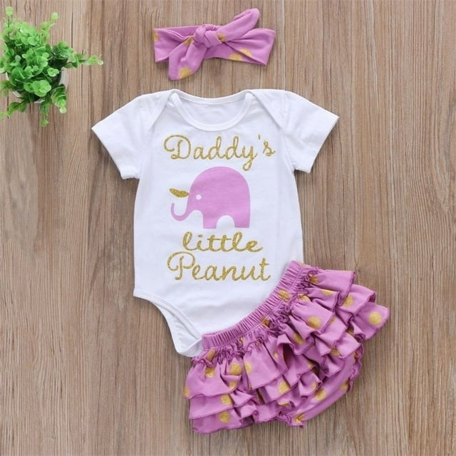 Newborn Baby Girl Rompers+Ruffled Shorts+Headband 3Pcs Clothes Elephant Dot Outfit Set