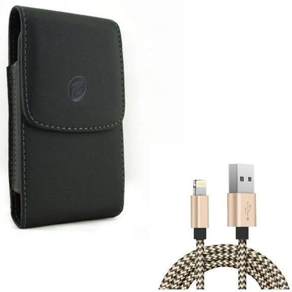 6ft USB Cable w Leather Case Belt Clip for iPhone XS X 8 7 6S 6 - Charger Cord Power Wire Sync Braided, Holster Cover Pouch Vertical Carry Protective