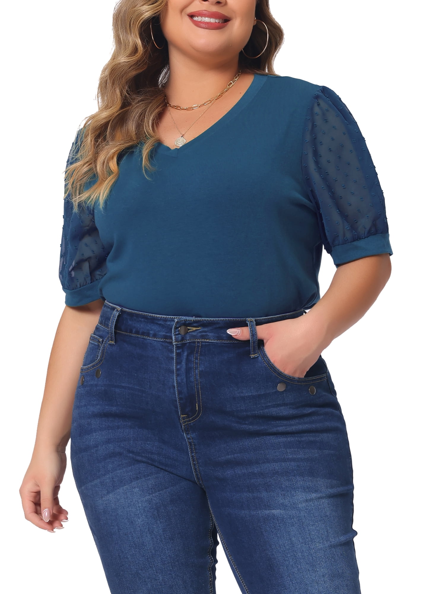 DARING DIVA Women's Plus Tops V Neck Swiss Dots Puff Sleeve Casual Blouse 2X Dark Blue