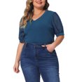 thumbnail image 2 of DARING DIVA Women's Plus Tops V Neck Swiss Dots Puff Sleeve Casual Blouse 1X Dark Blue, 2 of 6