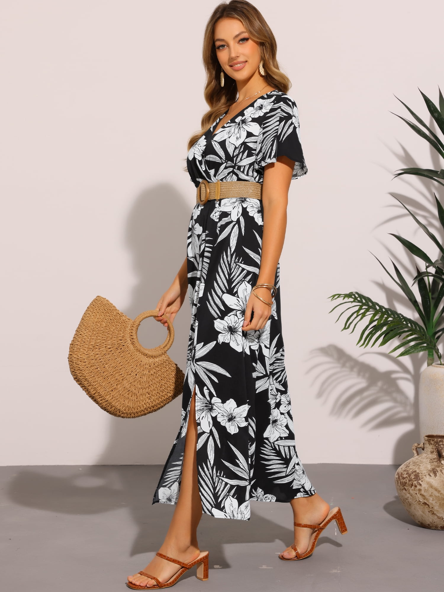 DARING DIVA Short Sleeve Tropical Slit Wrap V Neck Maxi Floral Dress XS Black