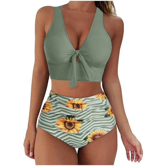 WREESH Womens Tie Front Bikini Set High Waisted Bikini Fashion Bikini Set Swimsuit Two Piece Filled Swimwear Has A Chest Pad No Steel Support Beachwear Bathing Suit Green