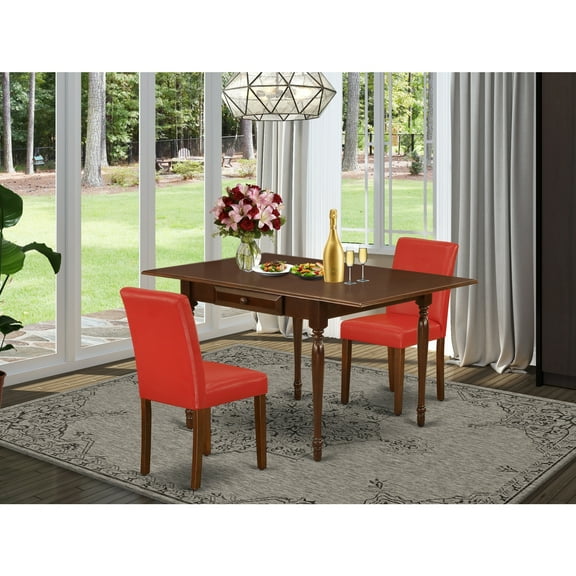 East West Furniture 1MZAB3-MAH-72 3Pc Dinette Sets for Small Spaces Consists of a Wood Dining Table and 2 Parsons Dining Chairs with Firebrick Red Color PU Leather, Drop Leaf Table with Full Back...