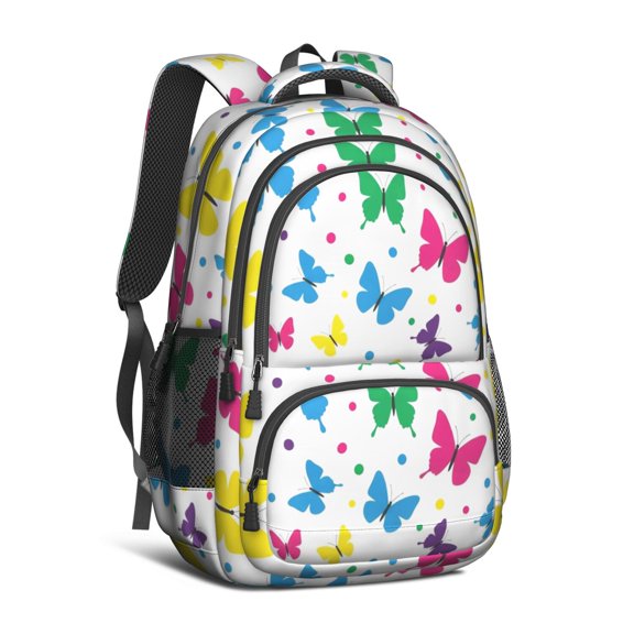 Butterfly and Polka Dot Multicolor Pattern Backpack for School, Cute School Bag with Adjustable Shoulder Straps and Padded Back, 16.9"x12.6"x5.9"