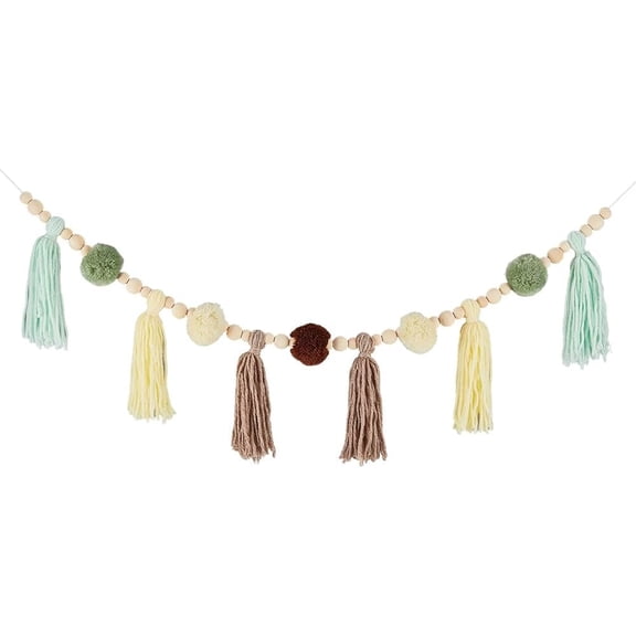 Wood Beads Cotton Garland with Tassel 1.28Ms Yellow Green Brown Tassels Round Pom Pom Tassel Garland Wall Hanging Garland Banner Party Decor for Classroom Bedroom Nursery Home Decoration colorful DIY
