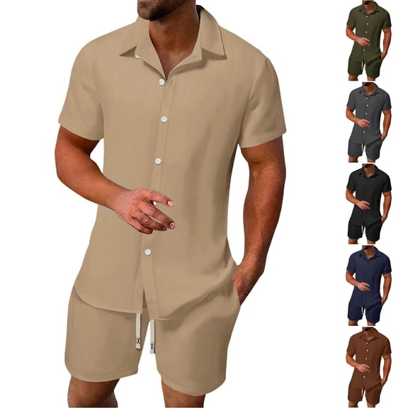 FRSASU Men's Casual Tracksuit Short Sleeve Button Down Shirt and Drawstring Waist Shorts Sets Summer 2 Piece Outfits Navy