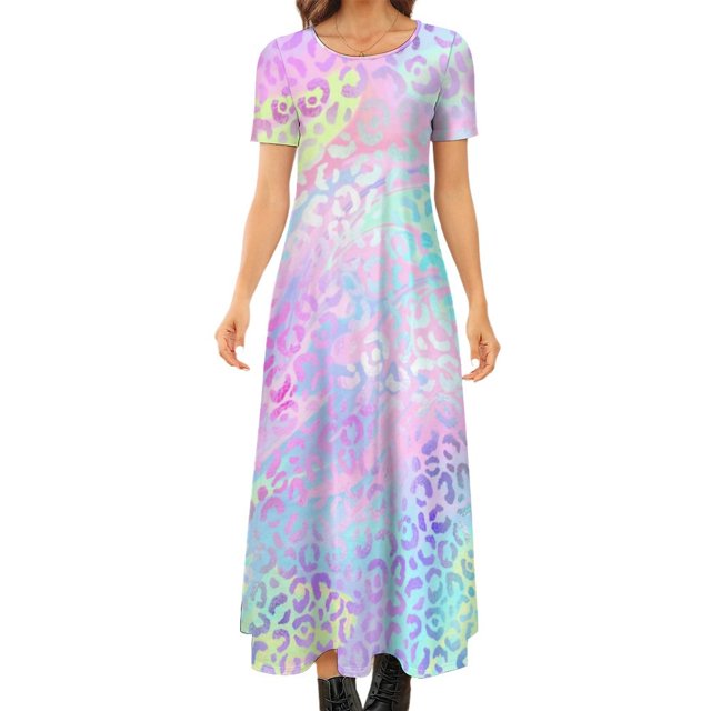 Robe Léopard Verte et Dorée Imprimé Fourrure Animale Style de Rue Boho Plage Longues Robes Femmes Robe Maxi Vintage Grande Taille