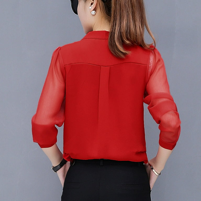 sunerlory - l Long Sleeve Shirts Chiffon V-Neck c Blouse