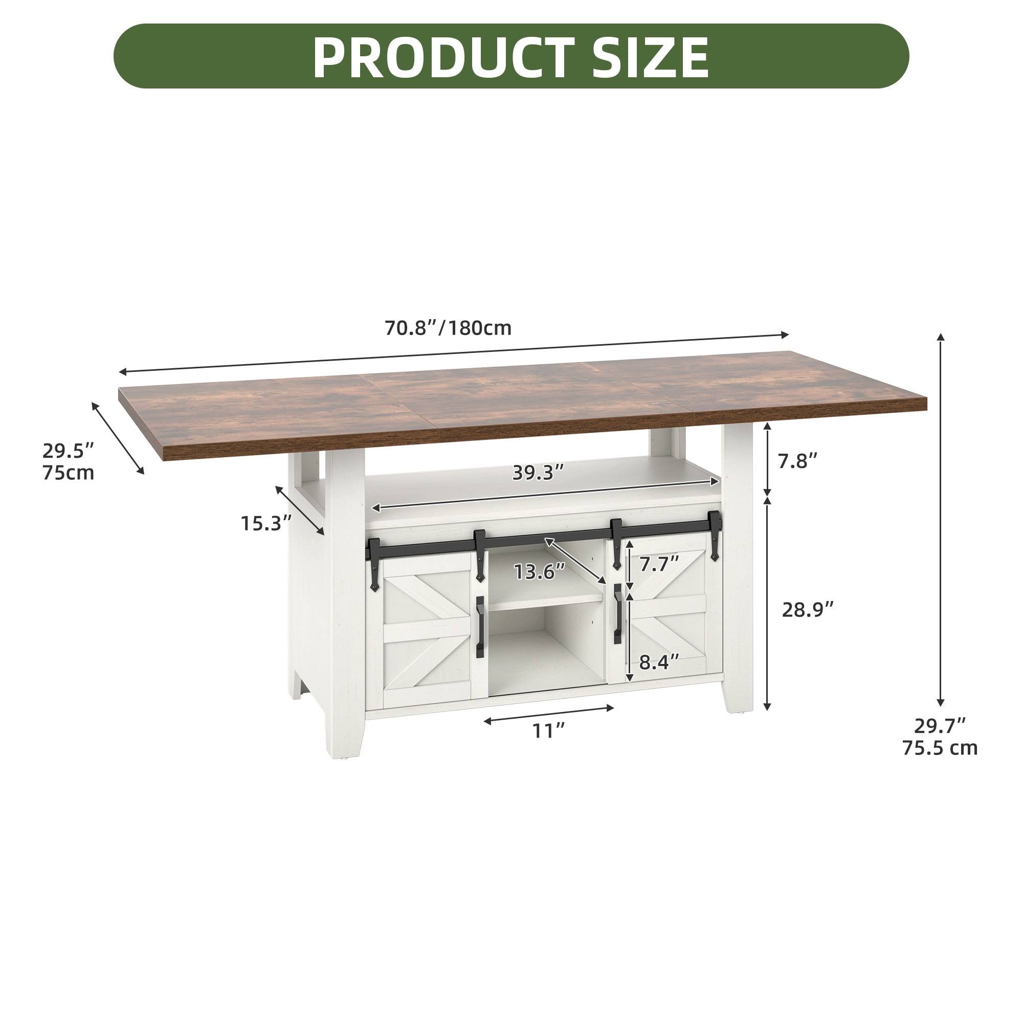Uforic 70" Farmhouse Dining Table for 6-8 People, Rectangle Kitchen Table with Storage Rack, White