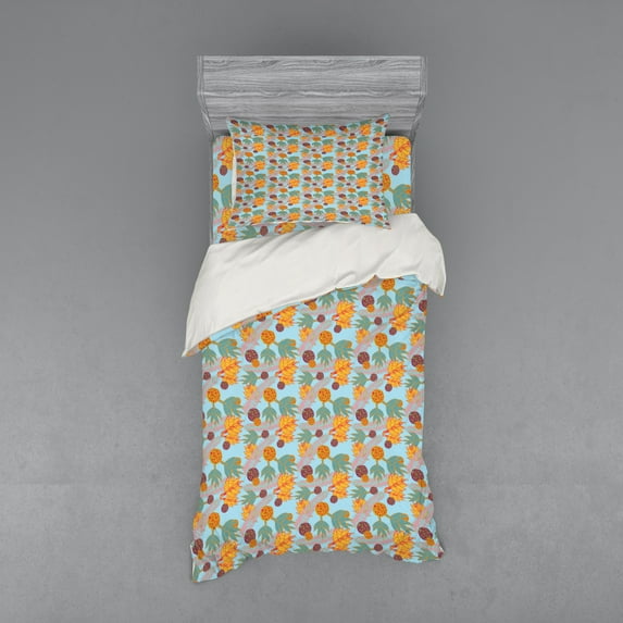 Botanical Duvet Cover Set, Quirky Style Tropic Plants and Leafy Branches in Abstract Vivid Colors, Bedding Set with Shams and Fitted Sheet, 3 Sizes, by Ambesonne