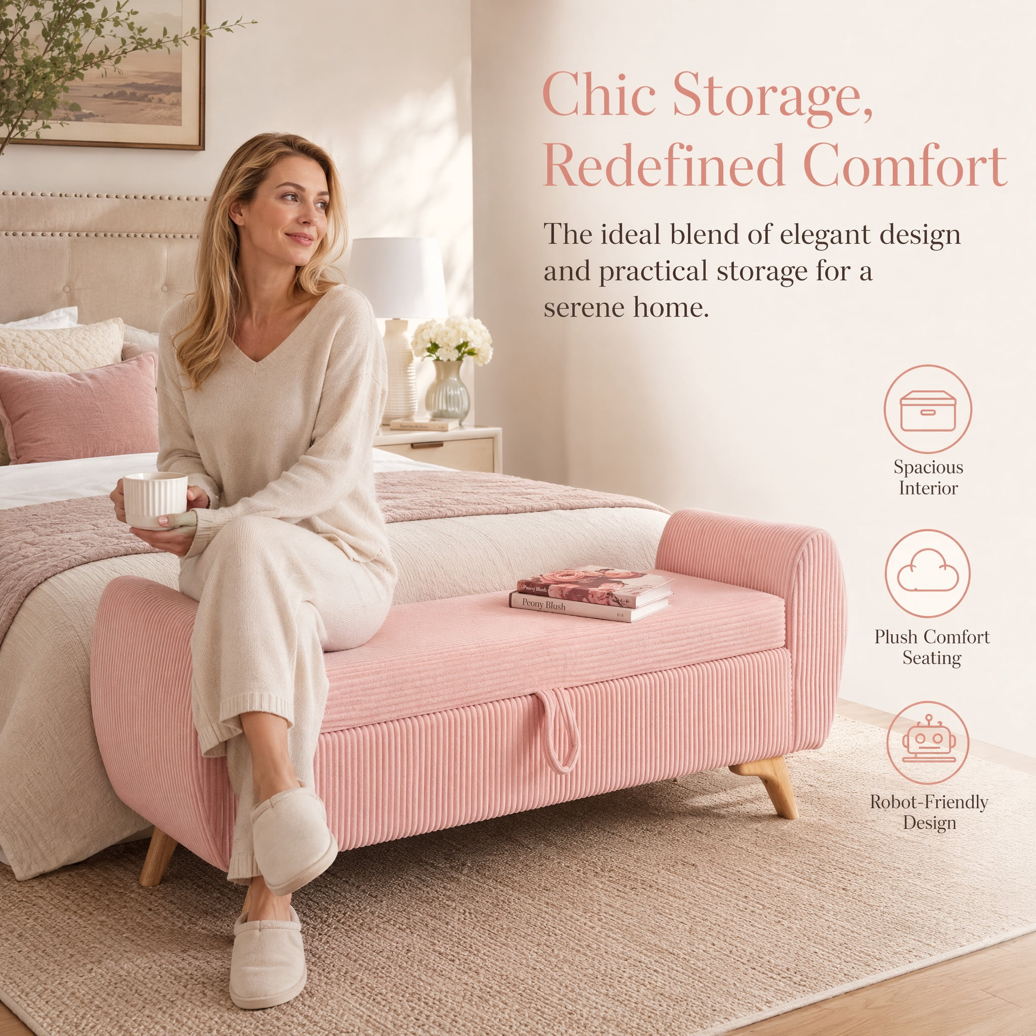 Storage Bed Bench 57 Inch, Corduroy Upholstered Bench with Flip Top Storage for Bedroom Hallway, Pink