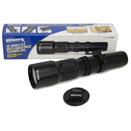 Ultimaxx HD 500mm F/8.0 Multi-Coated Preset Telephoto Lense Compatible with SLR / DSLR Cameras Utilizing A T-mount Adapter (Sold Separately)