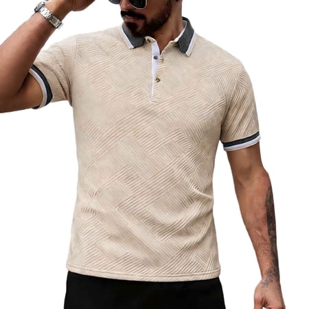 YUGYXL Golf Shirts for Men Slim Fit Short Sleeve Button Up Textured Shirts Collared Casual Business Shirt Khaki XXL