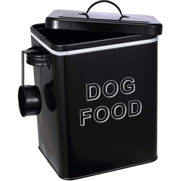 Brabtod Dog Food Storage Container Farmhouse Pet Food Storage Containers Measuring Cup, Perfect Vintage Canister Treats Tin for Kitchen Countertop, Shelf,Black