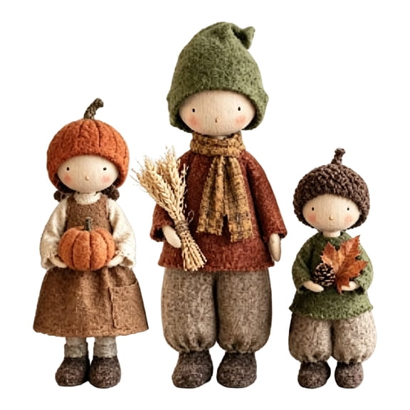 Set of 3 Rustic Fall Harvest Doll Figurines,Rustic Autumn Dolls With Pumpkin Wheat maple leaf Farmhouse Thanksgiving Tabletop Decor
