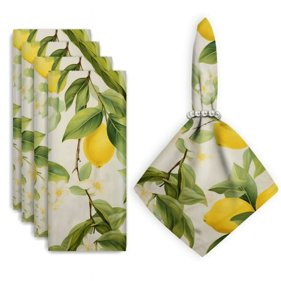 Bahomeck Cloth Napkins Set Of 4,18*18 Inch Washable Polyester Napkins Dining Table Napkins Weddings Party Dinner Parties(Lemons And Leaves On A White Background)